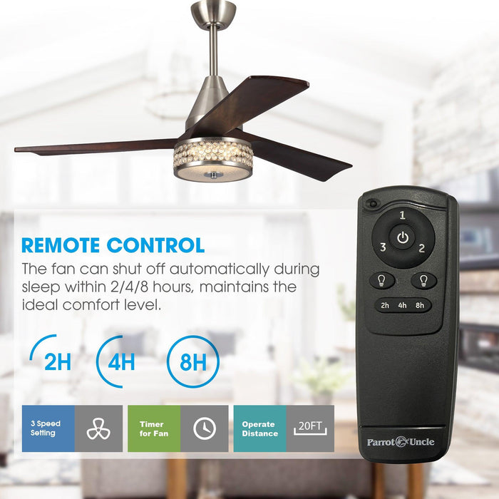 52" Farmhouse Satin Nickel Downrod Mount Reversible Crystal Ceiling Fan with Lighting and Remote Control - Sweatfully