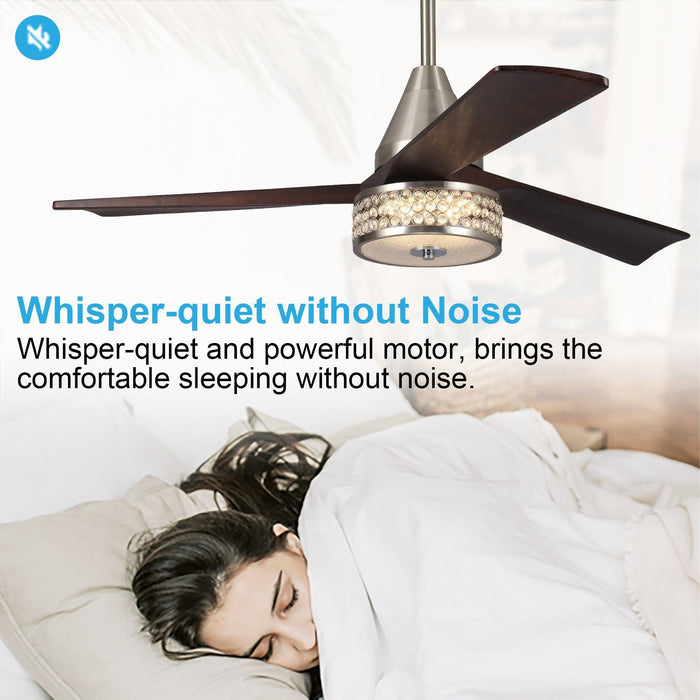 52" Farmhouse Satin Nickel Downrod Mount Reversible Crystal Ceiling Fan with Lighting and Remote Control - Sweatfully
