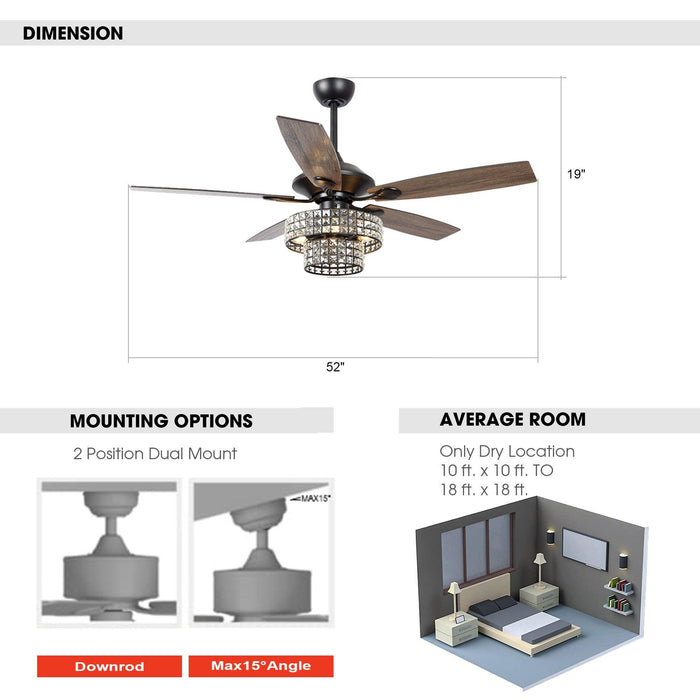 52" Howell Modern Downrod Mount Reversible Crystal Ceiling Fan with Lighting and Remote Control - Sweatfully