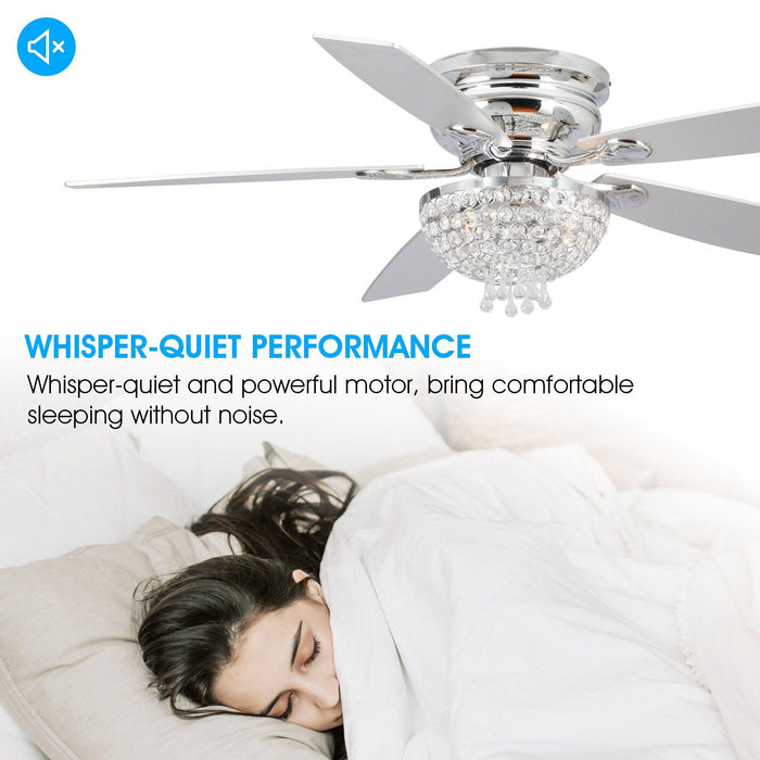 52" Kanpur Modern Chrome Flush Mount Reversible Crystal Ceiling Fan with Lighting and Remote Control - Sweatfully