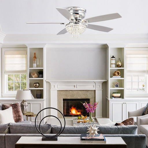 52" Kanpur Modern Chrome Flush Mount Reversible Crystal Ceiling Fan with Lighting and Remote Control - Sweatfully