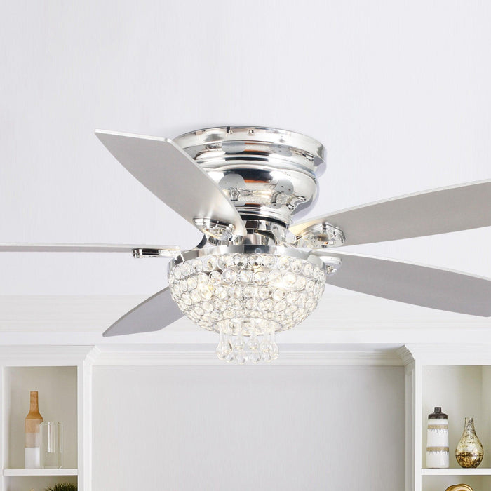52" Kanpur Modern Chrome Flush Mount Reversible Crystal Ceiling Fan with Lighting and Remote Control - Sweatfully