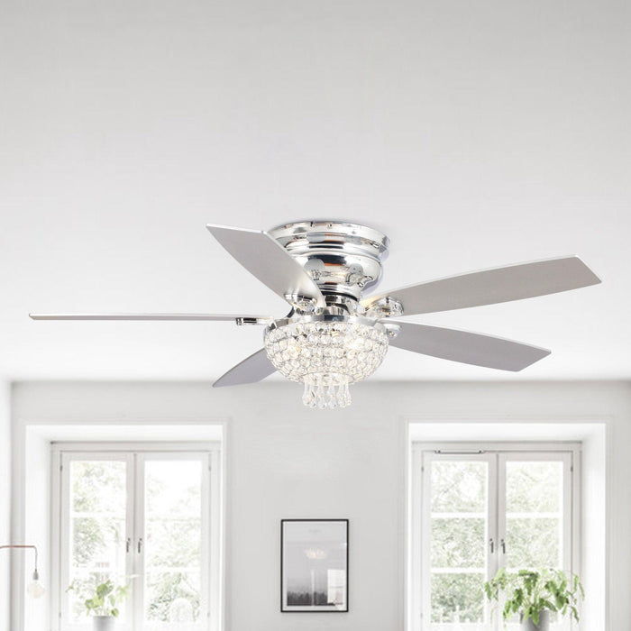 52" Kanpur Modern Chrome Flush Mount Reversible Crystal Ceiling Fan with Lighting and Remote Control - Sweatfully