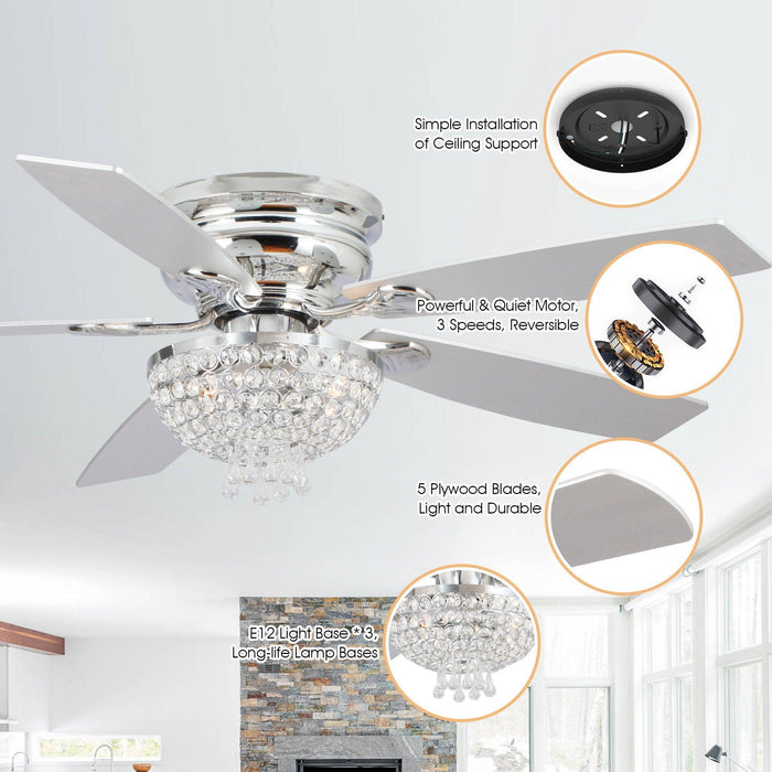52" Kanpur Modern Chrome Flush Mount Reversible Crystal Ceiling Fan with Lighting and Remote Control - Sweatfully