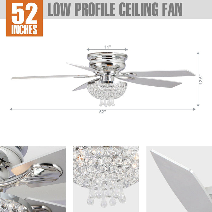 52" Kanpur Modern Chrome Flush Mount Reversible Crystal Ceiling Fan with Lighting and Remote Control - Sweatfully