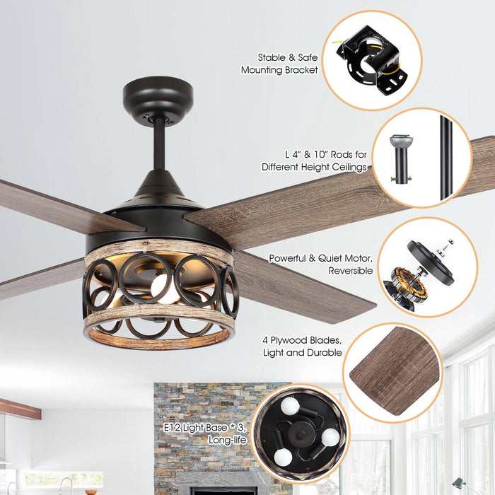 52" Kashmir Farmhouse Downrod Mount Reversible Ceiling Fan with Lighting and Remote Control - Sweatfully