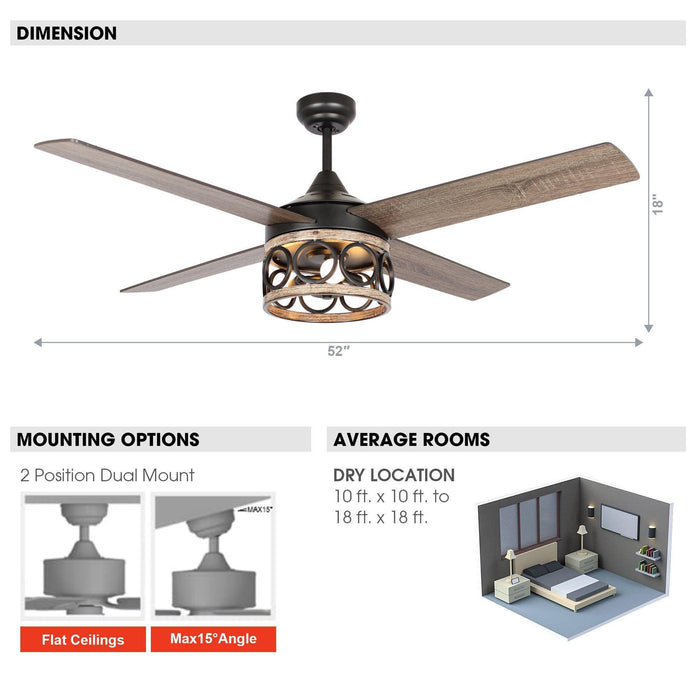 52" Kashmir Farmhouse Downrod Mount Reversible Ceiling Fan with Lighting and Remote Control - Sweatfully