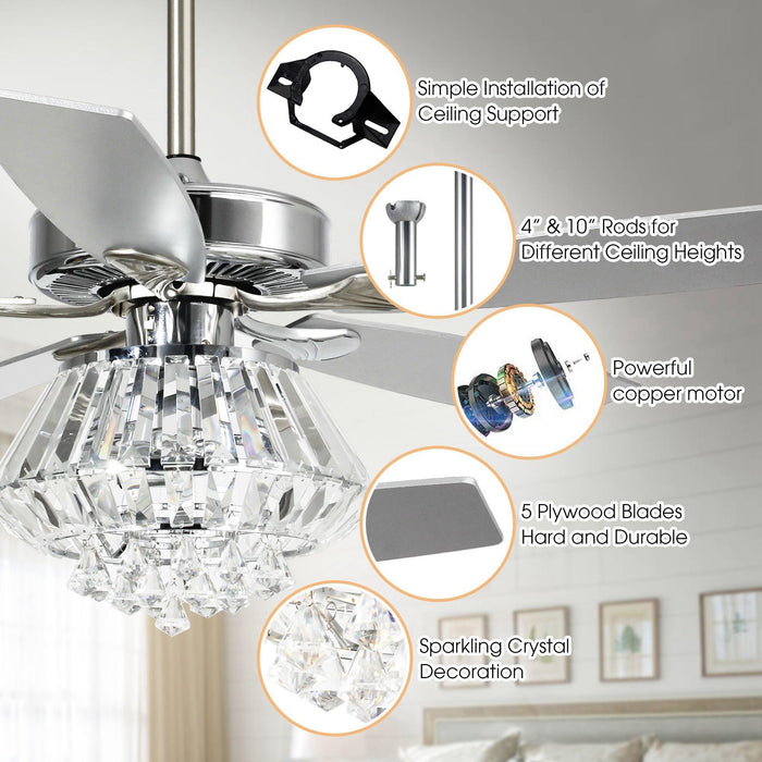 52" Kerala Modern Chrome Downrod Mount Reversible Crystal Ceiling Fan with Lighting and Remote Control - Sweatfully