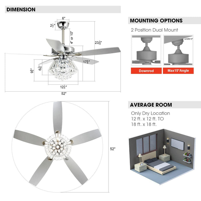 52" Kerala Modern Chrome Downrod Mount Reversible Crystal Ceiling Fan with Lighting and Remote Control - Sweatfully