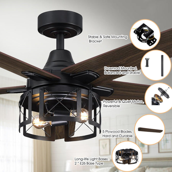 52" Kolkata Industrial Downrod Mount Reversible Ceiling Fan with Lighting and Remote Control - Sweatfully