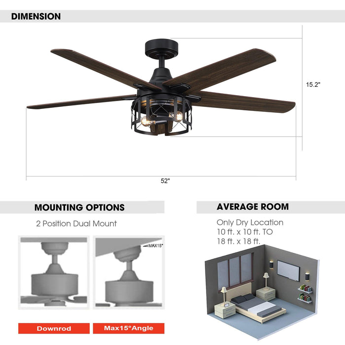 52" Kolkata Industrial Downrod Mount Reversible Ceiling Fan with Lighting and Remote Control - Sweatfully