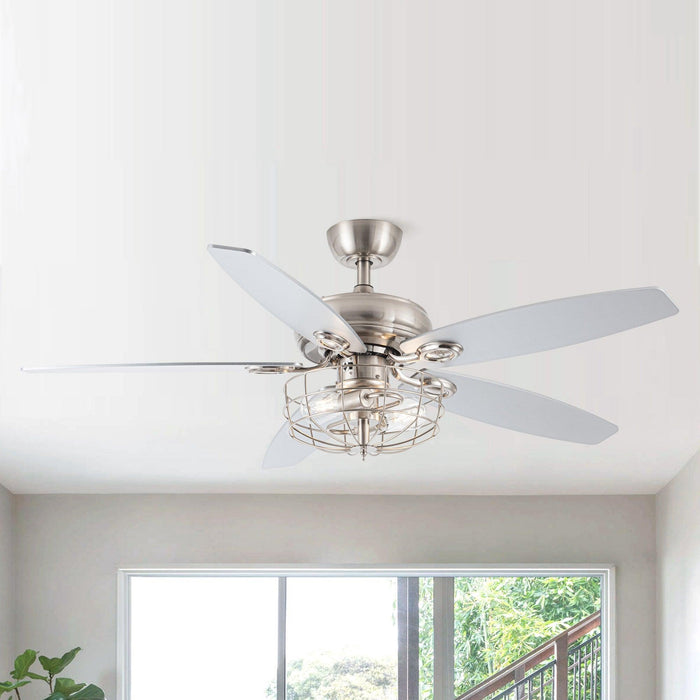 52" Kyla Industrial Brushed Nickel Reversible Caged Ceiling Fan with Lighting - Sweatfully