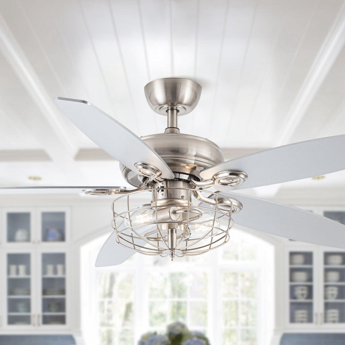 52" Kyla Industrial Brushed Nickel Reversible Caged Ceiling Fan with Lighting - Sweatfully