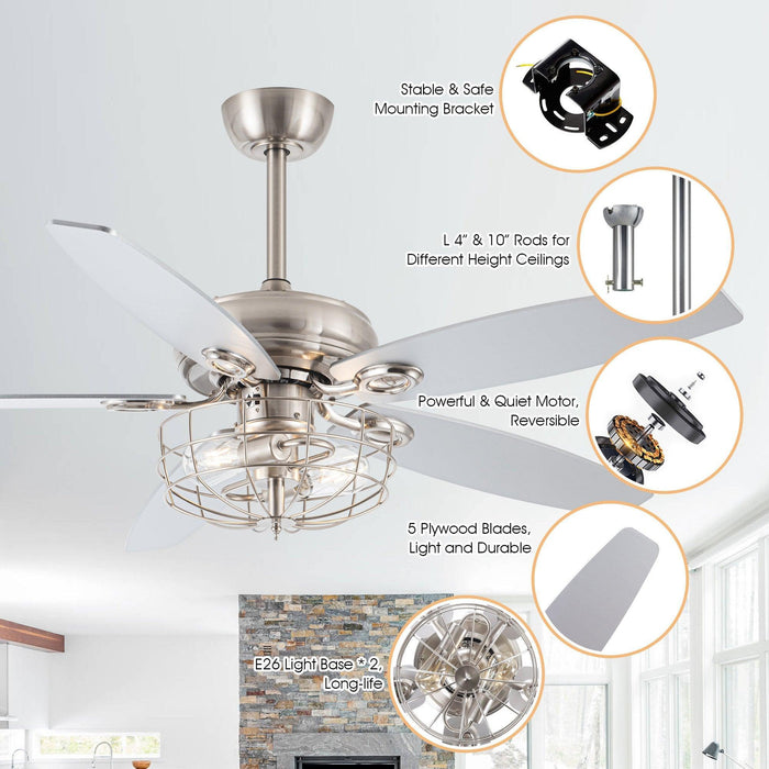 52" Kyla Industrial Brushed Nickel Reversible Caged Ceiling Fan with Lighting - Sweatfully