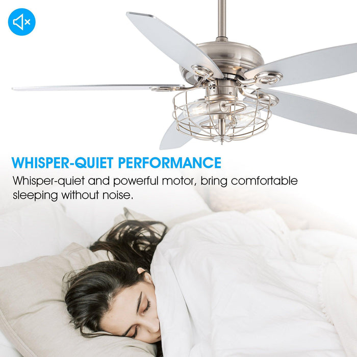 52" Kyla Industrial Brushed Nickel Reversible Caged Ceiling Fan with Lighting - Sweatfully