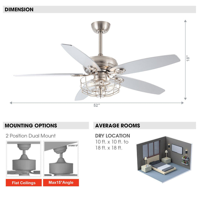 52" Kyla Industrial Brushed Nickel Reversible Caged Ceiling Fan with Lighting - Sweatfully