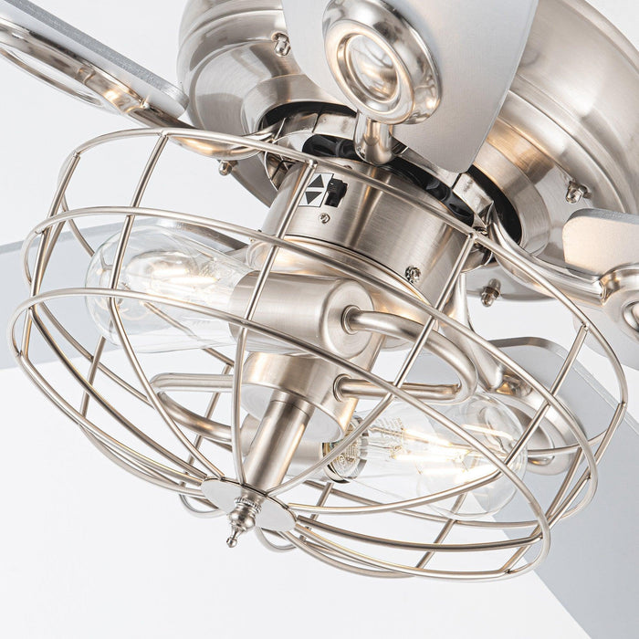 52" Kyla Industrial Brushed Nickel Reversible Caged Ceiling Fan with Lighting - Sweatfully