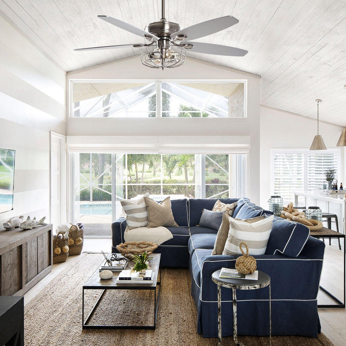 52" Kyla Industrial Brushed Nickel Reversible Caged Ceiling Fan with Lighting - Sweatfully