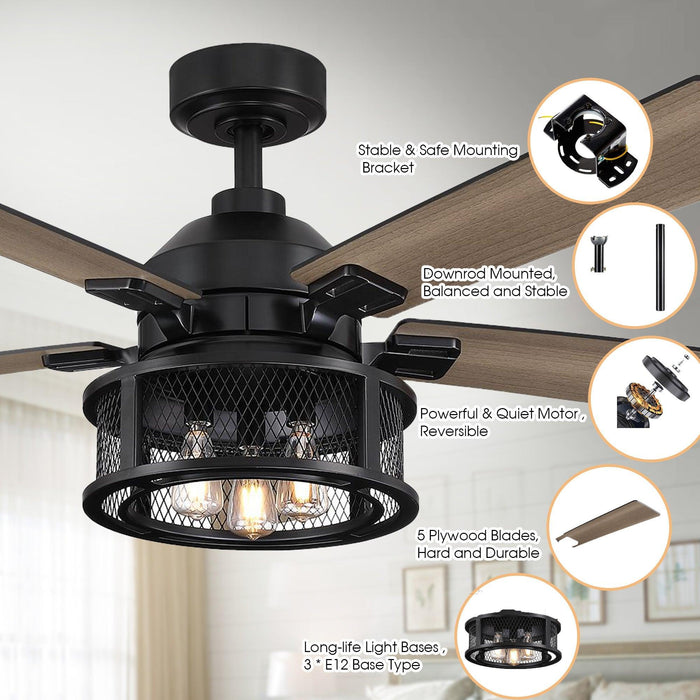 52" Lucknow Industrial Black Reversible Ceiling Fan with Lighting and Remote Control - Sweatfully