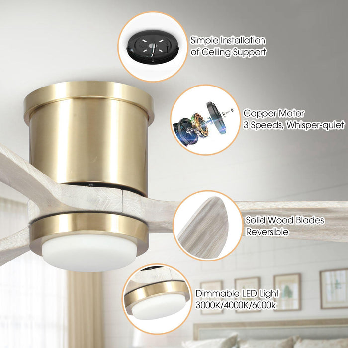 52" Mayna Modern Flush Mount Reversible Ceiling Fan with LED Lighting and Remote Control - Sweatfully