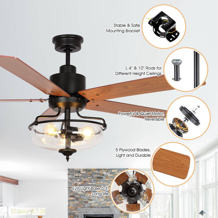 52" Mumbai Industrial Downrod Mount Reversible Ceiling Fan with Lighting and Remote Control - Sweatfully