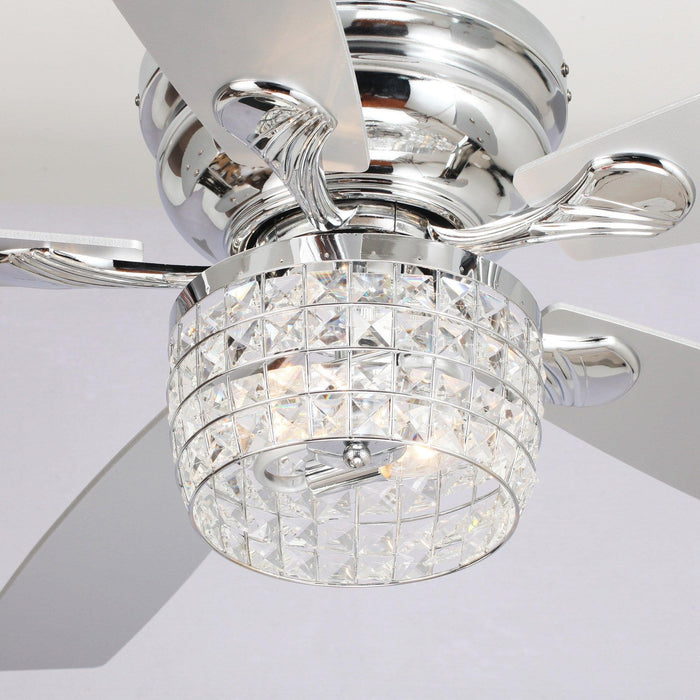52" Panipat Modern Chrome Flush Mount Reversible Crystal Ceiling Fan with Lighting and Remote Control - Sweatfully