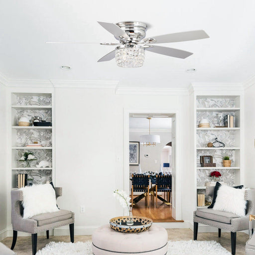 52" Panipat Modern Chrome Flush Mount Reversible Crystal Ceiling Fan with Lighting and Remote Control - Sweatfully