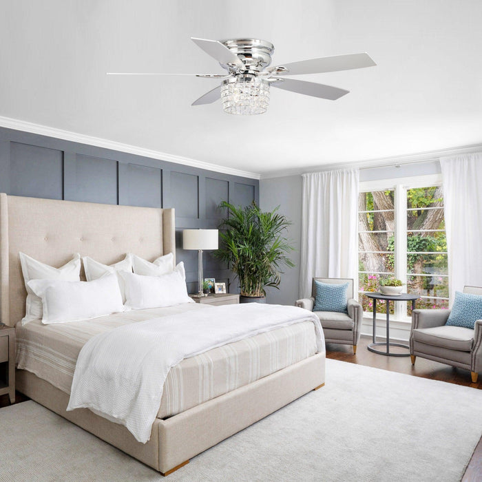 52" Panipat Modern Chrome Flush Mount Reversible Crystal Ceiling Fan with Lighting and Remote Control - Sweatfully
