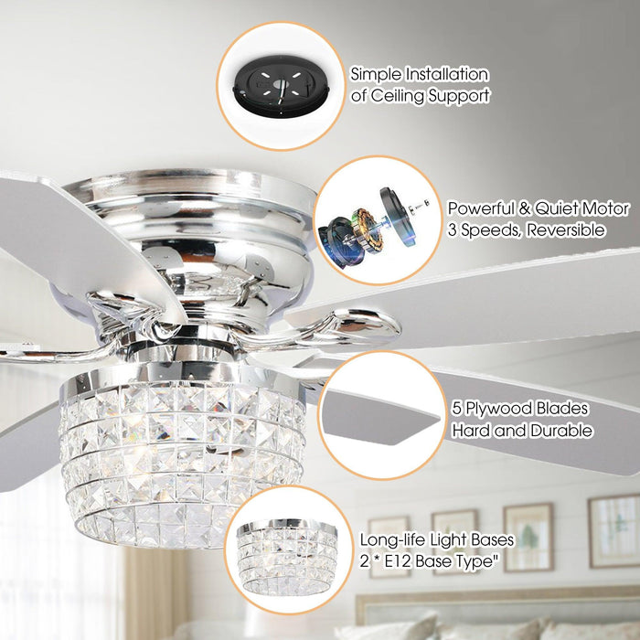 52" Panipat Modern Chrome Flush Mount Reversible Crystal Ceiling Fan with Lighting and Remote Control - Sweatfully