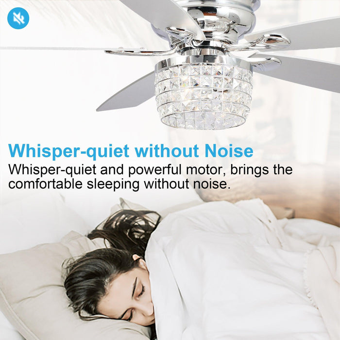 52" Panipat Modern Chrome Flush Mount Reversible Crystal Ceiling Fan with Lighting and Remote Control - Sweatfully