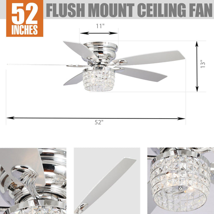 52" Panipat Modern Chrome Flush Mount Reversible Crystal Ceiling Fan with Lighting and Remote Control - Sweatfully