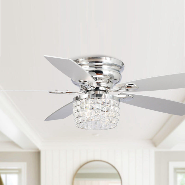 52" Panipat Modern Chrome Flush Mount Reversible Crystal Ceiling Fan with Lighting and Remote Control - Sweatfully