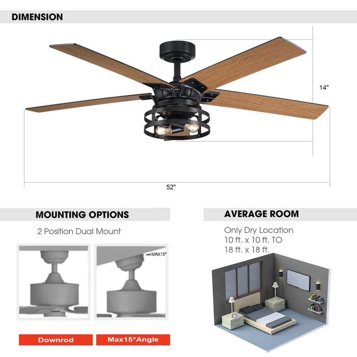 52" Prayag Industrial Downrod Mount Reversible Ceiling Fan with Lighting and Remote Control - Sweatfully