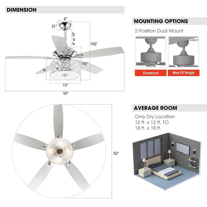 52" Tibuh Modern Downrod Mount Reversible Crystal Ceiling Fan with Lighting and Remote Control - Sweatfully