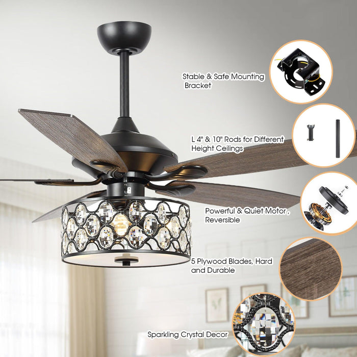 52" Tibuh Modern Downrod Mount Reversible Crystal Ceiling Fan with Lighting and Remote Control - Sweatfully