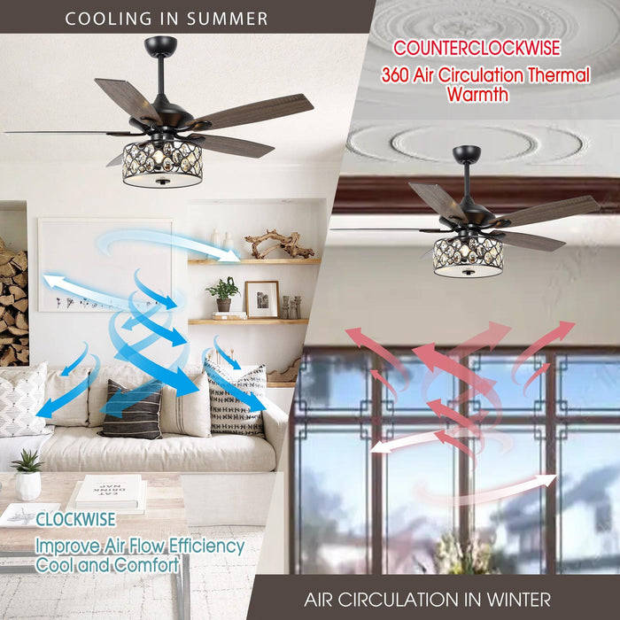 52" Tibuh Modern Downrod Mount Reversible Crystal Ceiling Fan with Lighting and Remote Control - Sweatfully