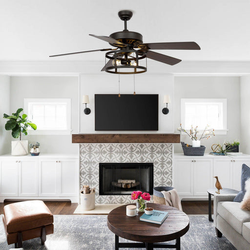 52" Urbana Downrod Mount Reversible Industrial Ceiling Fan with Lighting and Pull Chain - Sweatfully