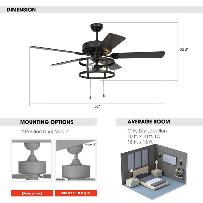 52" Urbana Downrod Mount Reversible Industrial Ceiling Fan with Lighting and Pull Chain - Sweatfully