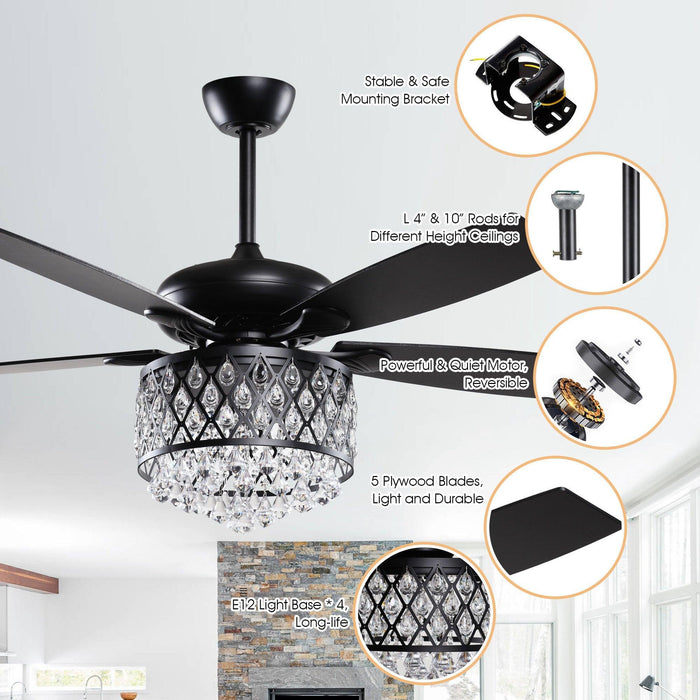 52" Wethington Modern Downrod Mount Reversible Crystal Ceiling Fan with Lighting and Remote Control - Sweatfully