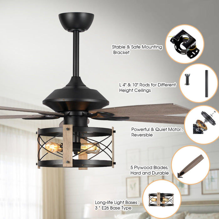 52" Wisner Industrial Downrod Mount Reversible Ceiling Fan with Lighting and Remote Control - Sweatfully