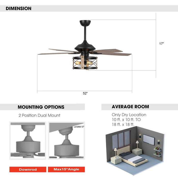 52" Wisner Industrial Downrod Mount Reversible Ceiling Fan with Lighting and Remote Control - Sweatfully