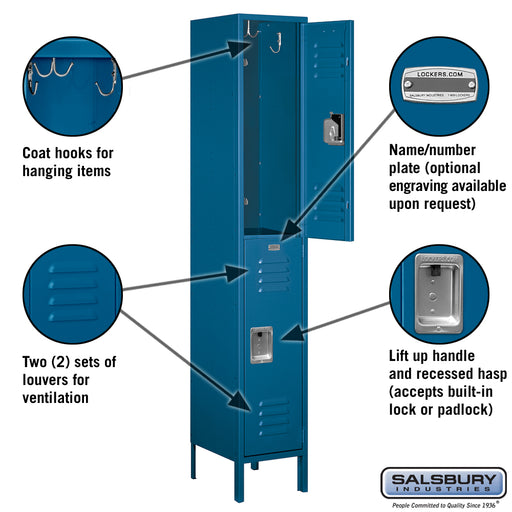 Salsbury 15" Wide Double Tier Standard Metal Locker - 1 Wide - 6 Feet High - 15 Inches Deep - Blue - Assembled - Sweatfully