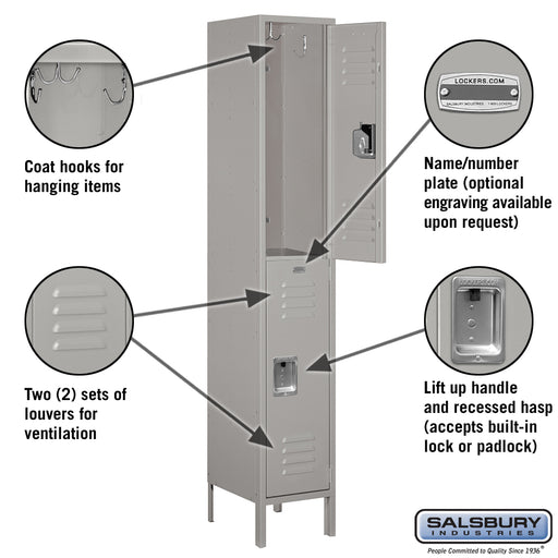 Salsbury 15" Wide Double Tier Standard Metal Locker - 1 Wide - 6 Feet High - 15 Inches Deep - Gray - Unassembled - Sweatfully