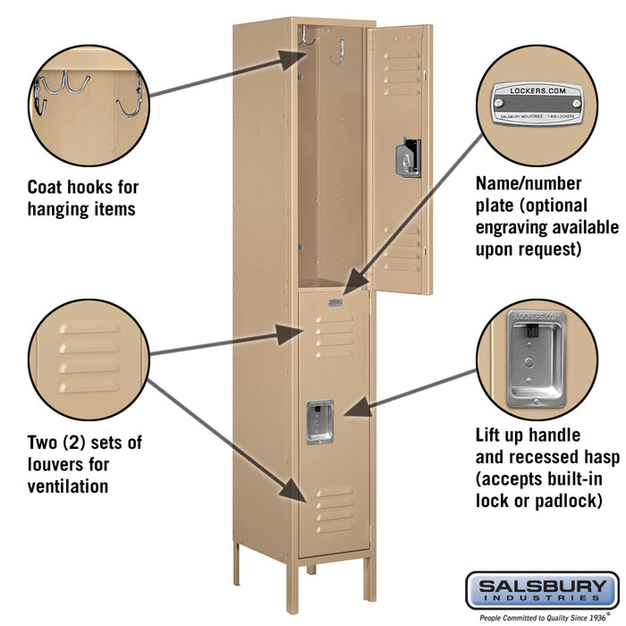 Salsbury 15" Wide Double Tier Standard Metal Locker - 1 Wide - 6 Feet High - 15 Inches Deep - Tan - Assembled - Sweatfully