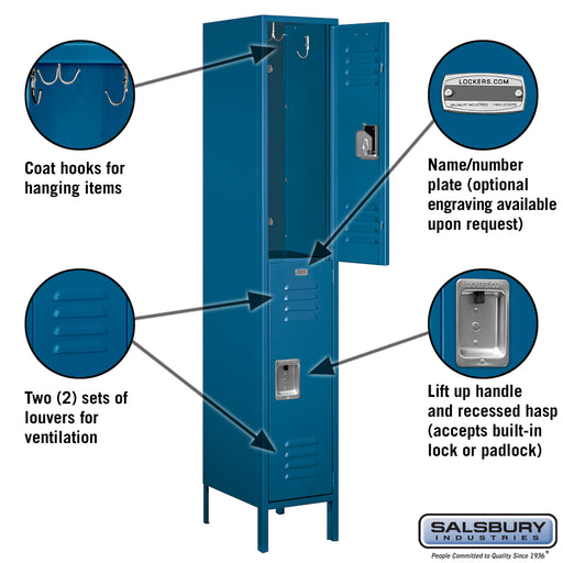 Salsbury 15" Wide Double Tier Standard Metal Locker - 1 Wide - 6 Feet High - 18 Inches Deep - Blue - Assembled - Sweatfully