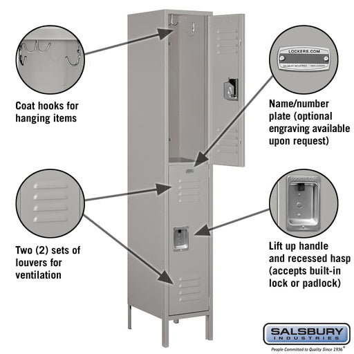 Salsbury 15" Wide Double Tier Standard Metal Locker - 1 Wide - 6 Feet High - 18 Inches Deep - Gray - Unassembled - Sweatfully