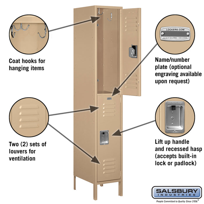Salsbury 15" Wide Double Tier Standard Metal Locker - 1 Wide - 6 Feet High - 18 Inches Deep - Tan - Assembled - Sweatfully