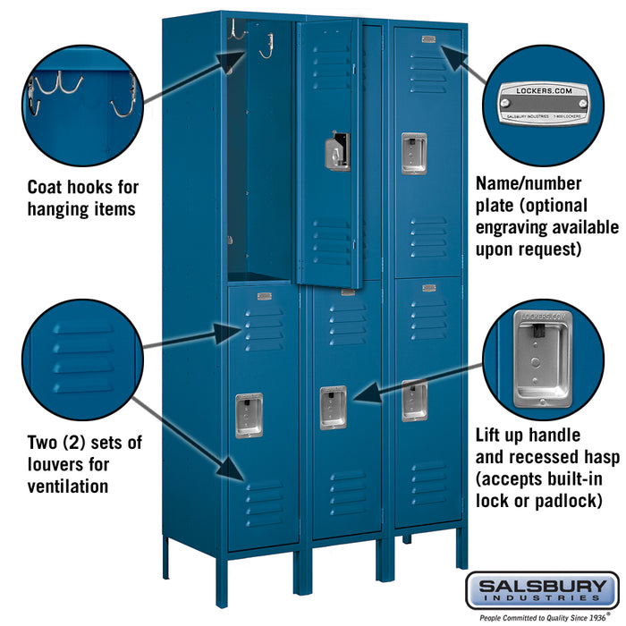 Salsbury 15" Wide Double Tier Standard Metal Locker - 3 Wide - 6 Feet High - 15 Inches Deep - Blue - Assembled - Sweatfully