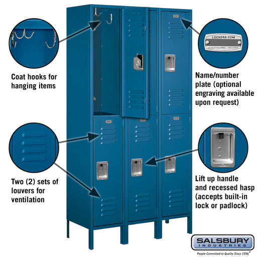 Salsbury 15" Wide Double Tier Standard Metal Locker - 3 Wide - 6 Feet High - 15 Inches Deep - Blue - Unassembled - Sweatfully
