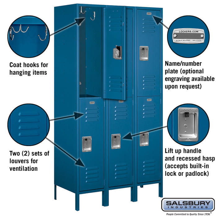 Salsbury 15" Wide Double Tier Standard Metal Locker - 3 Wide - 6 Feet High - 18 Inches Deep - Blue - Assembled - Sweatfully